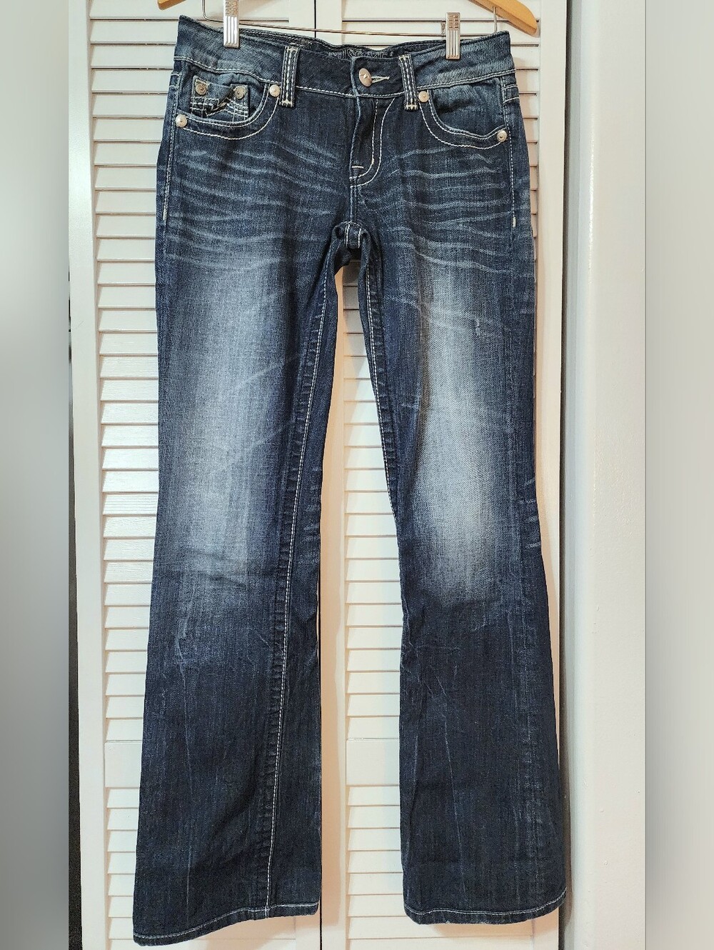 Miss Me Dark Blue Low-Rise Boot Cut Flare Jeans w/ Fading
